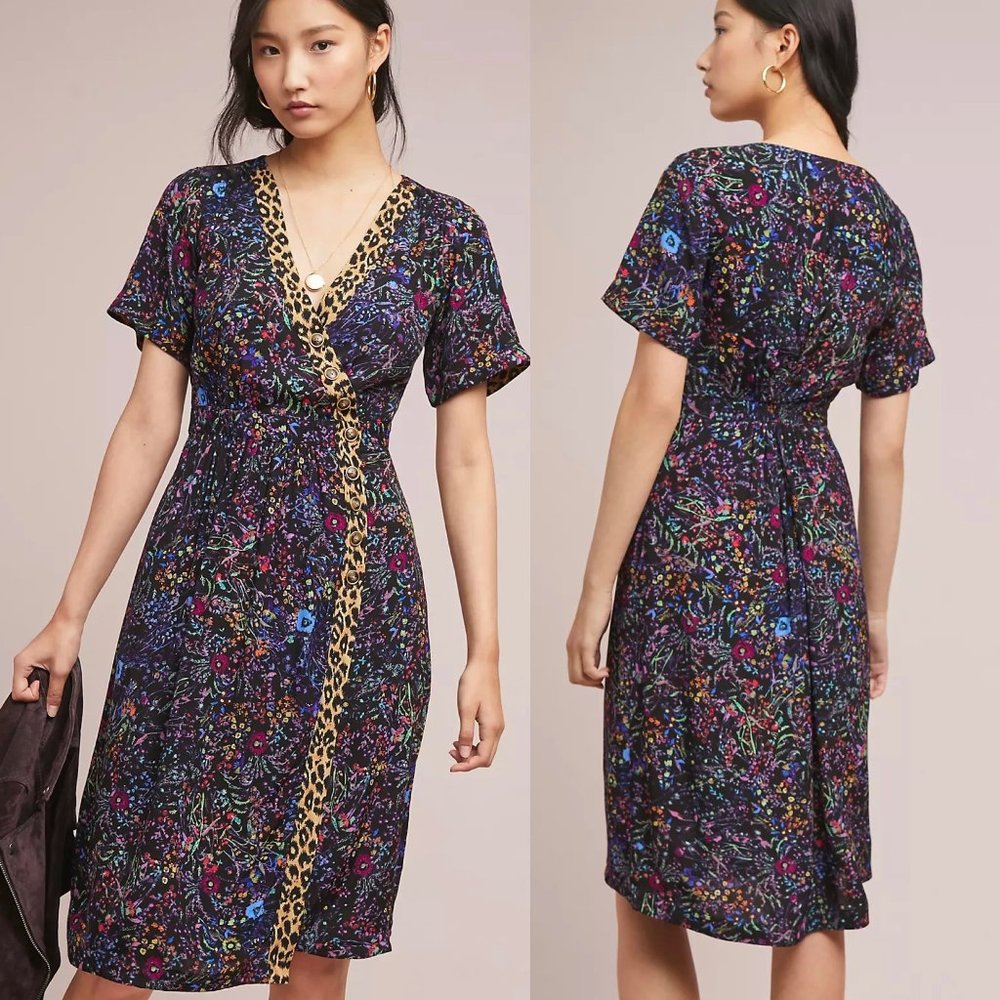 Anthropologie Maeve Women's Morgan Dress Size 2 Floral Cheetah Wrap Short Sleeve